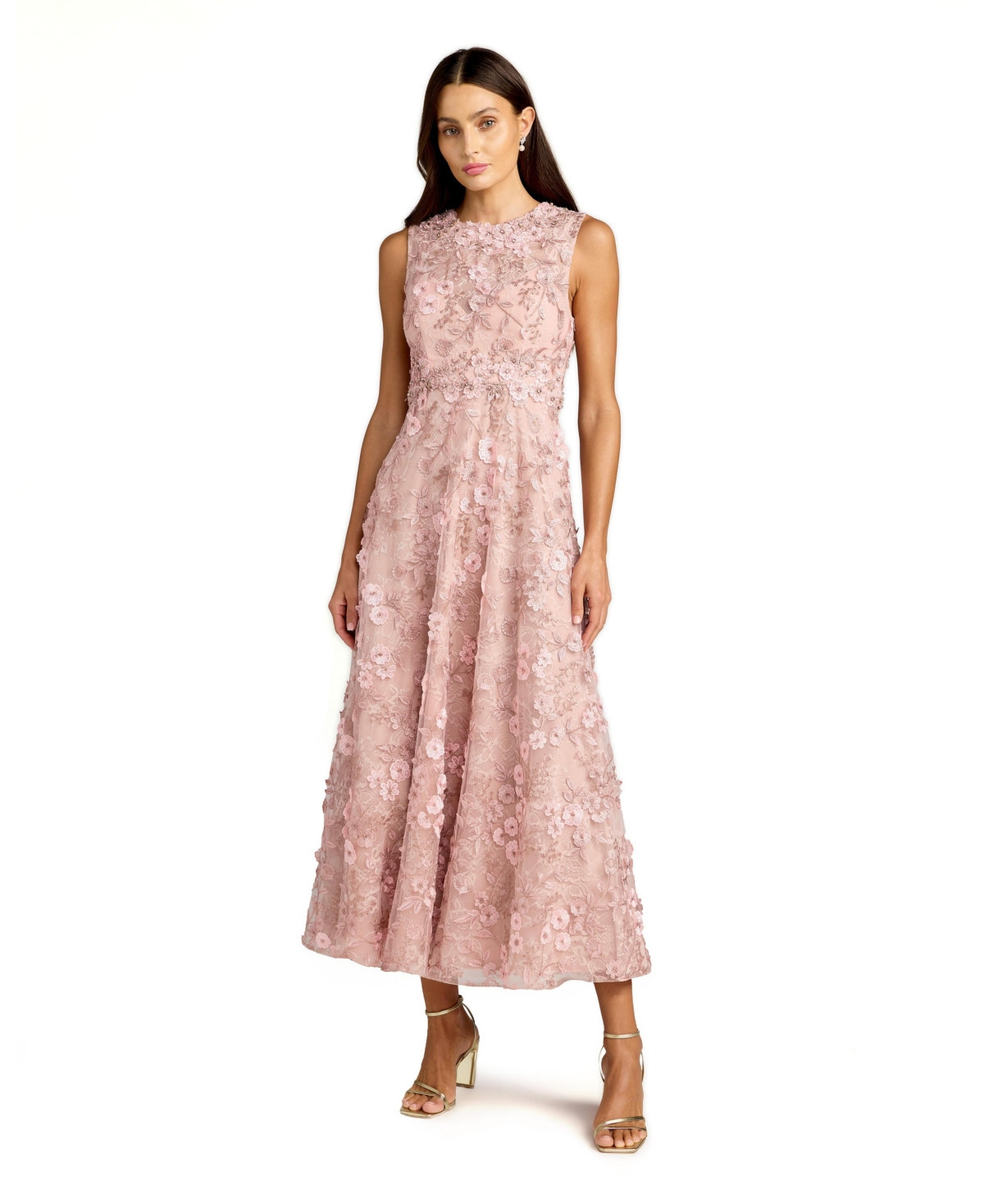 Mac Duggal Petite Floral Embroidered High Neck Midi Dress - Rose | Macy's