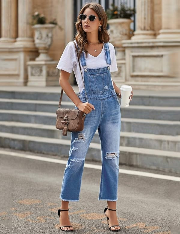 Vetinee Women's Frayed Hem Adjustable Straps Ripped Bib Denim Overalls Jeans Pants | Amazon (US)