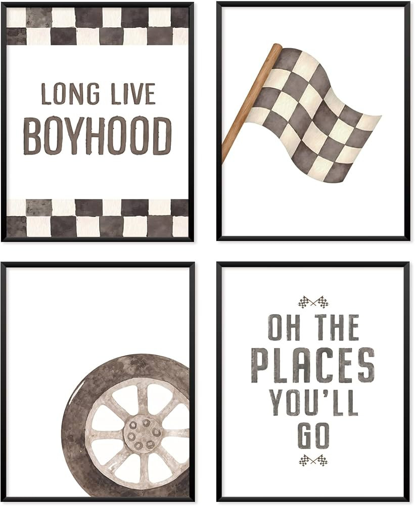 Locomiss Retro Race Car Toddler Boys Room Wall Art Decor, Long Live Boyhood Checkered Print Poste... | Amazon (US)