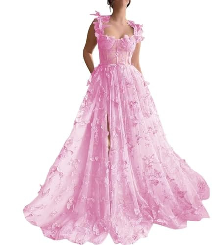 EAURIC Pink 3D Fairy Lace Applique Butterfly Prom Dresses for Women 2024 Sweetheart Corset Princess Ball Gown Butterfly Tulle Long Evening Prom Dress with Slit AU050 Size 2 | Amazon (US)