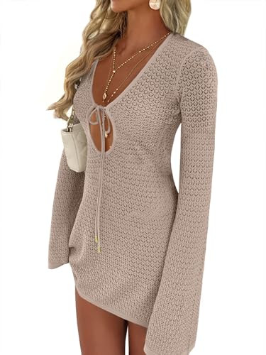ANRABESS Women’s Crochet Swimsuit Cover Up, V Neck Mesh Knit Beach Dress, Long Sleeve Summer Vacation Beachwear Small Khaki | Amazon (US)