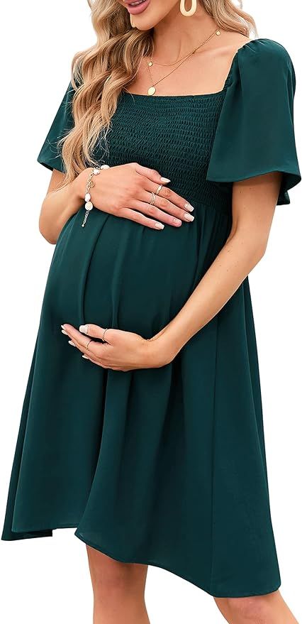 KOJOOIN Maternity Dress Summer Women Tie Back Square Neck Puff Sleeve Off Shoulder Pregnancy Baby... | Amazon (US)