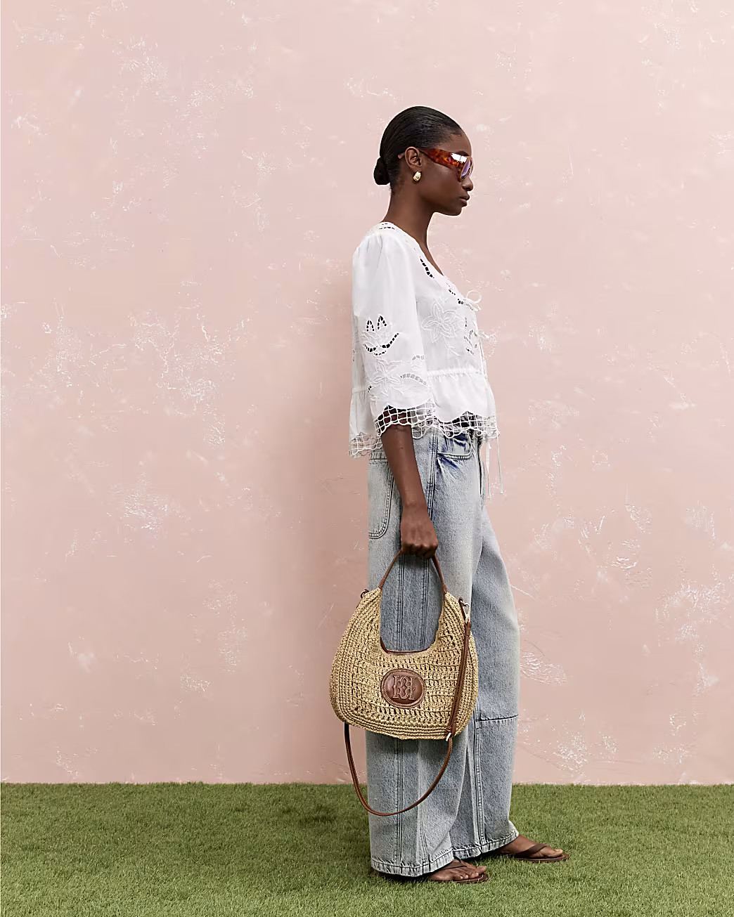 Beige Scooped Raffia Shoulder Bag | River Island UK & IE