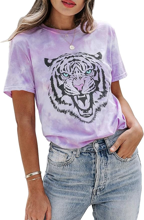 Tie Dye Shirt Womens Animal Tiger Graphic Tees Tops Summer Casual Loose Short Sleeve T-Shirt Blou... | Amazon (US)