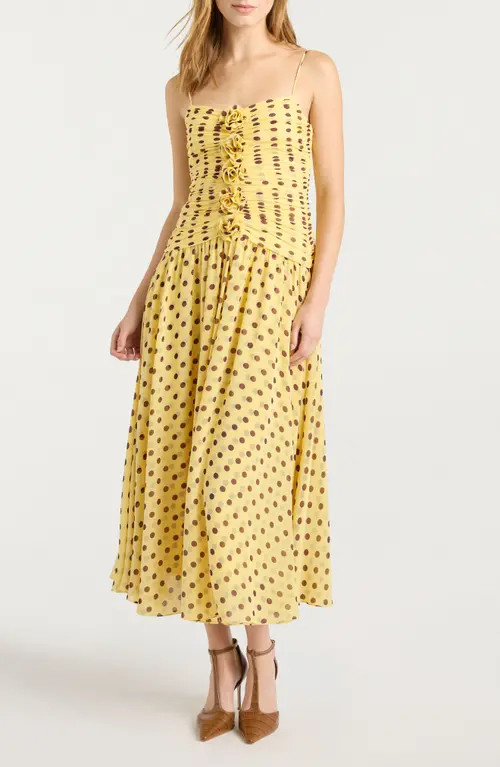 Cinq à Sept Camille Magda Ruched Polka Dot Floral Appliqué Dress in Lemon Puff/Deep Plum at Nordstrom, Size 14 | Nordstrom