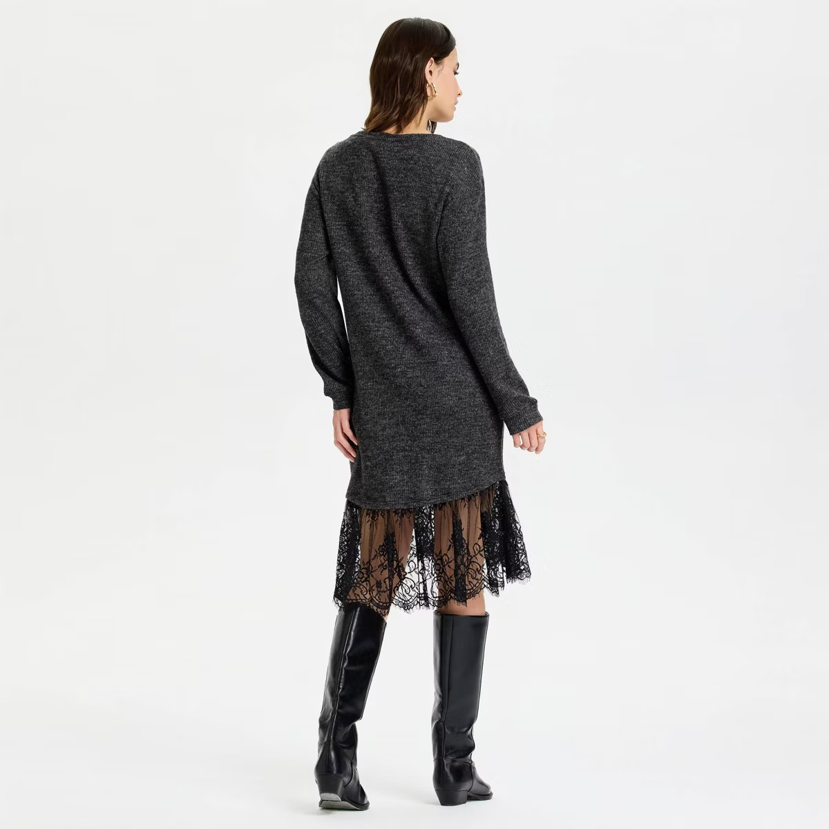 Women's Long Sleeve Lace Hem Midi Sweater Dress - A New Day™ Dark Heather Gray | Target