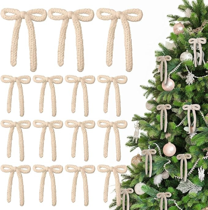 24 Pcs 7in Christmas Knitting Bows Tree Ornaments Decoration Crochet Bows for Xmas Neutral Farmho... | Amazon (US)