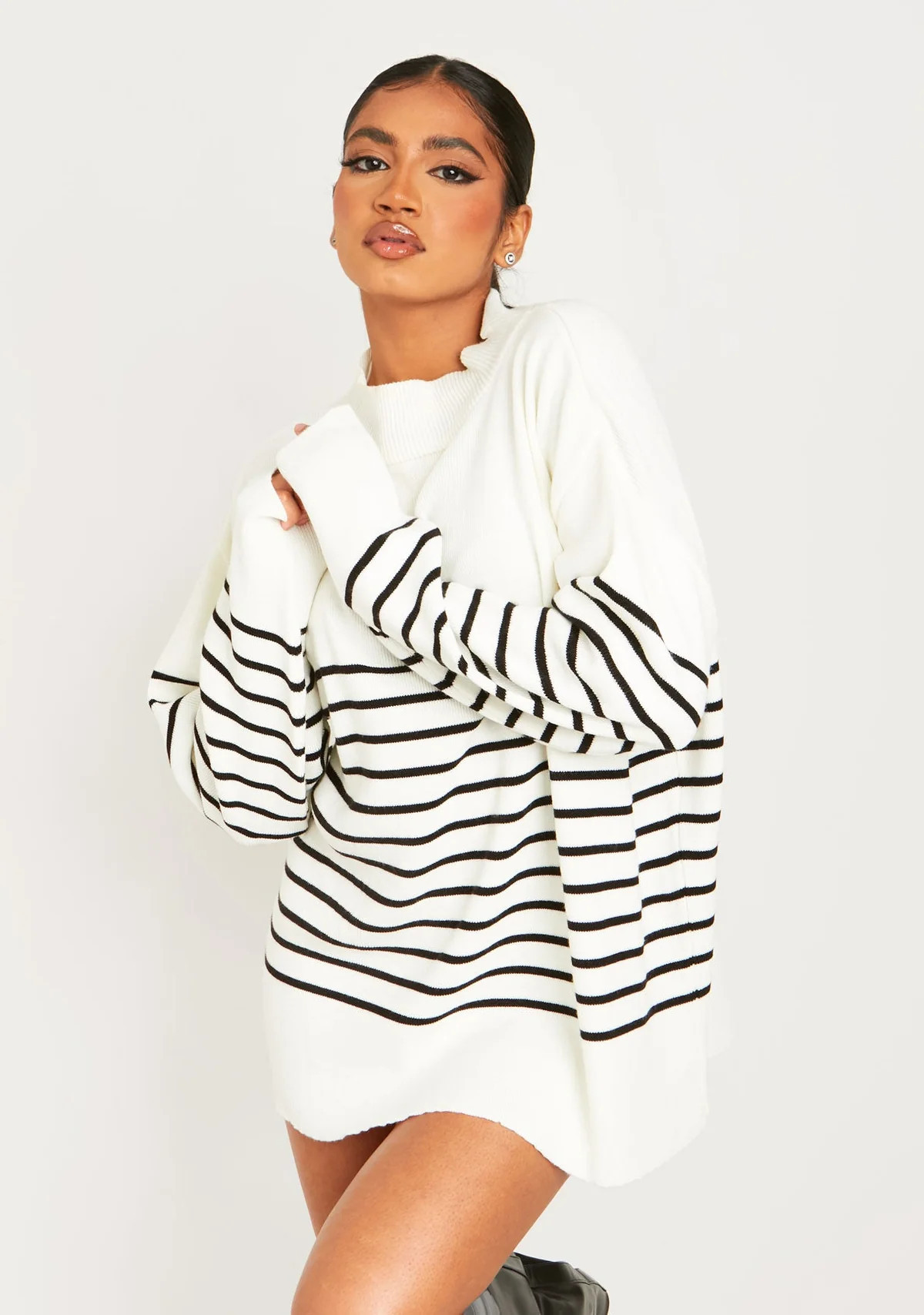 Harriett White & Black High Neck Oversized Long Sleeve Jumper | Women's Jumpers | MissyEmpire | Missy Empire (UK)