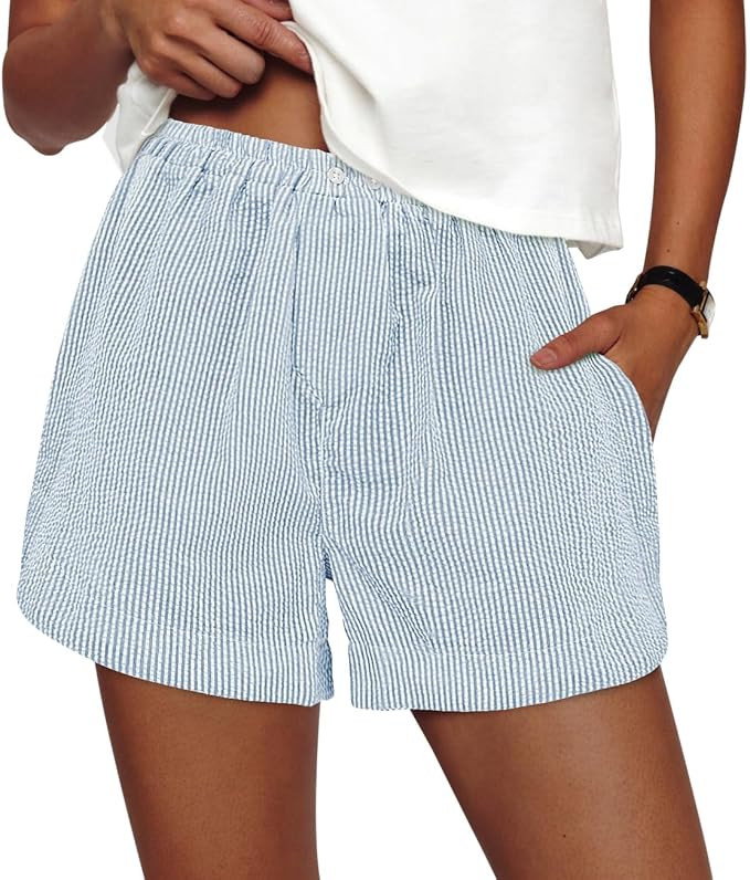 PRETTYGARDEN Women's Striped Boxer Shorts Summer 2025 Trendy Casual Elastic Waist Lounge Sleep Pa... | Amazon (US)