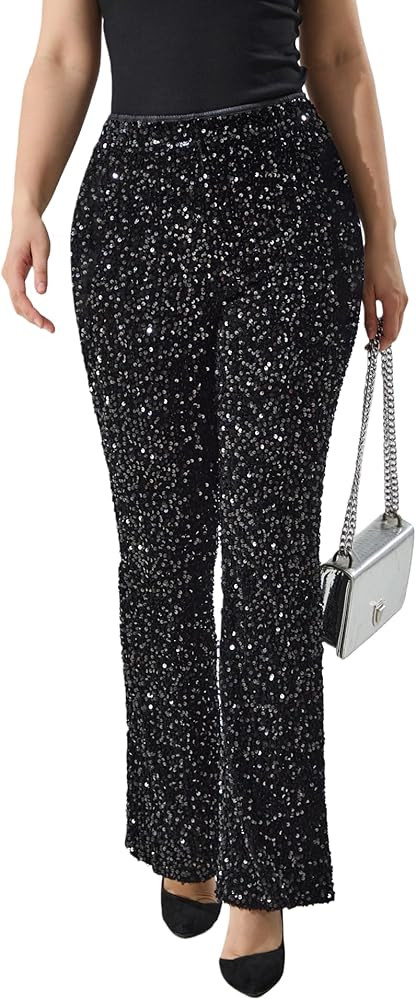 Women’s Velvet Sequin Flare Pants – High Waist Stretch Shiny Bell Bottom Long Pants for Party... | Amazon (US)