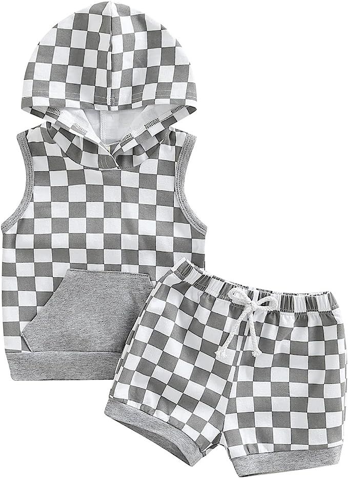 Baby Boy Summer Outfit Hooded Tank Top with Pocket and Elastic Waist Shorts Set Infant Boy Clothe... | Amazon (US)