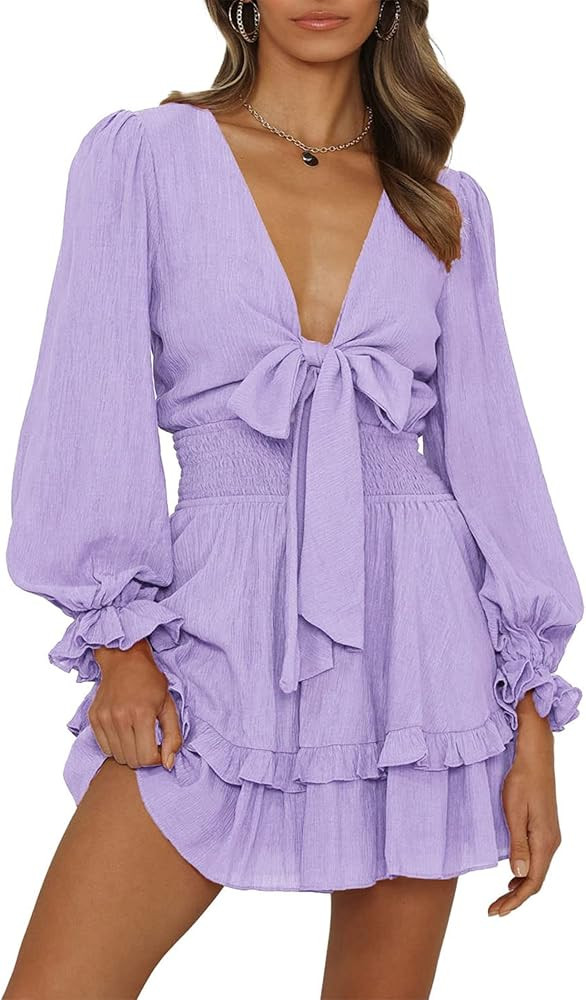 PRETTYGARDEN Women's Short A-Line Flare Dress Knot Front Long Sleeve V Neck Tiered Ruffle Swing M... | Amazon (US)