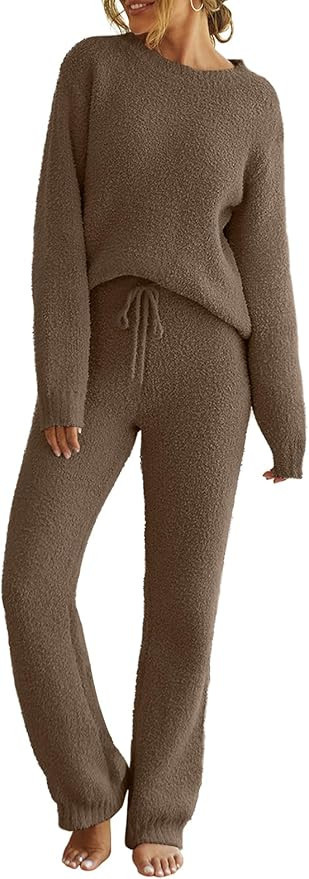 MEROKEETY Womens Fuzzy Fleece Long Sleeve 2 Piece Loungewear Outfits Sweater Pants Pajama Sets | Amazon (US)