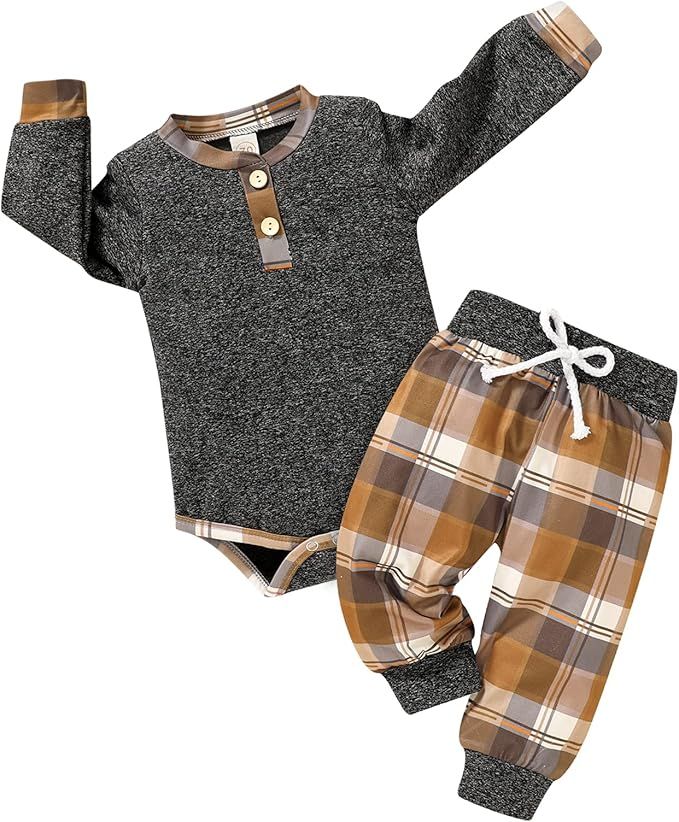 Newborn Baby Boy Fall Clothes Infant Plaid Long Sleeve Button Romper and Pants Set Winter Outfits... | Amazon (US)