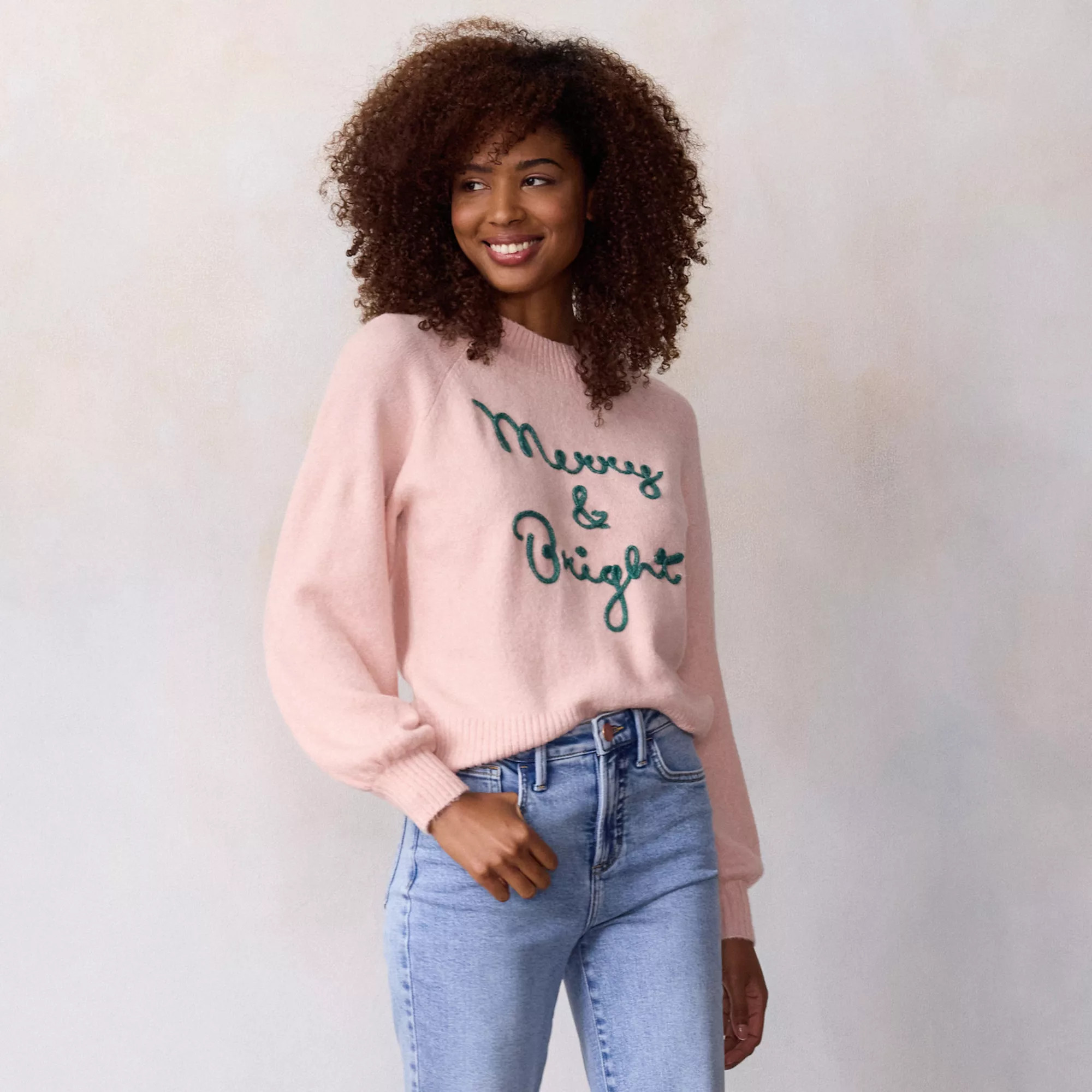 Women's LC Lauren Conrad "Merry & Bright" Balloon Sleeve Crewneck Sweater | Kohl's