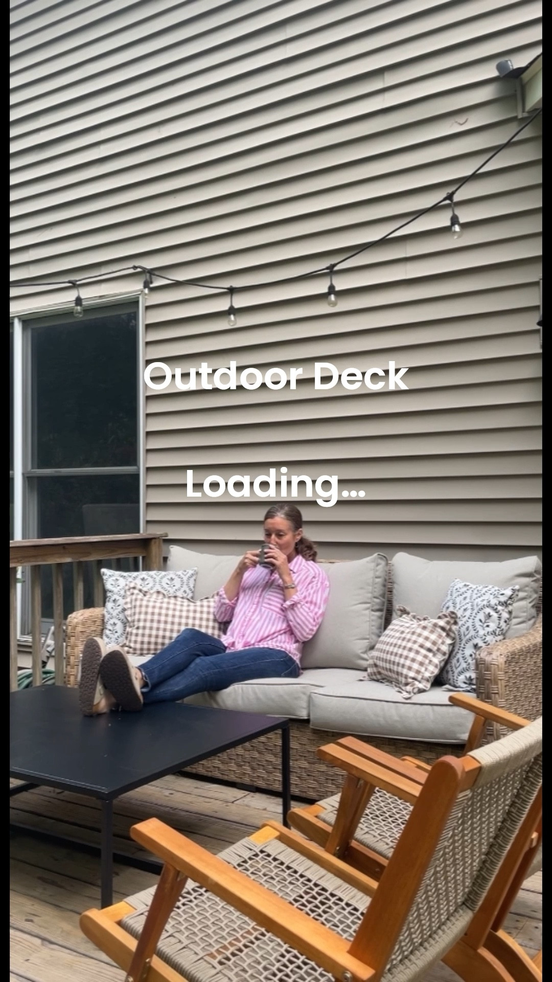 Outdoor furniture on a budget!  Pottery style on a Walmart budget.  

Outdoor sofa.  Outdoor swivel chairs.  Outdoor coffee table.  Outdoor pillows.  Outdoor wicker chairs.  Outdoor Veradek planters.  Outdoor side table.  Better Homes and Garden furniture.  
