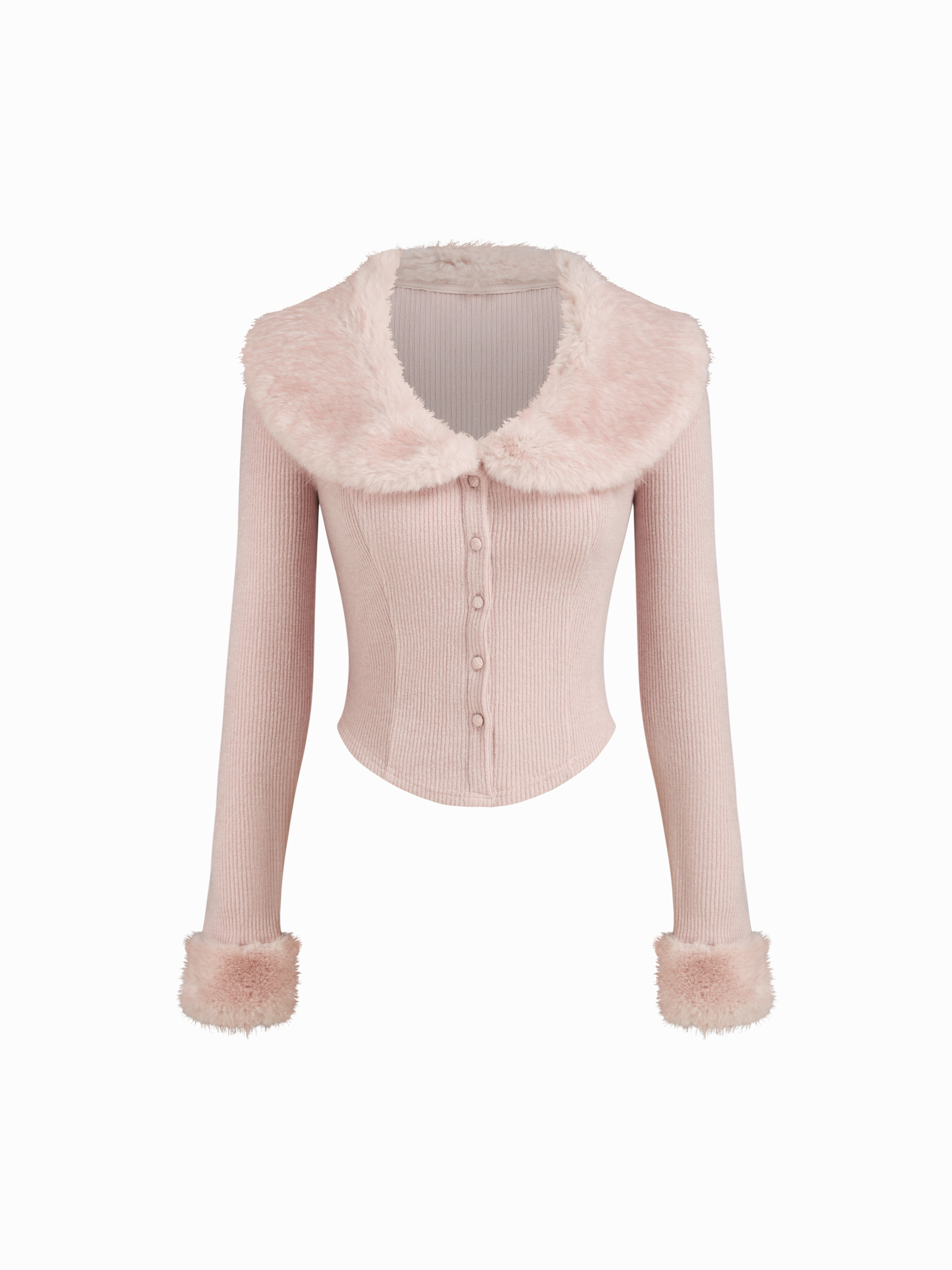 Knit Fabric Faux Fur Collar Long Sleeve Rib Curved Hem Button Top For Daily Casual | Cider