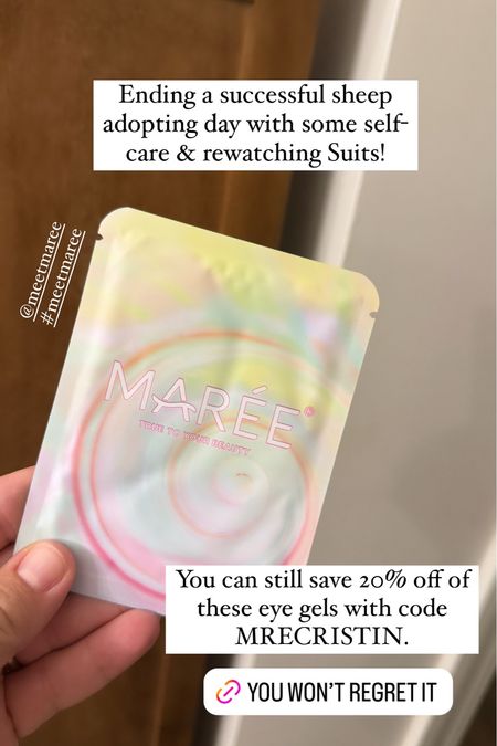 Maree eye gel patches for puffy eyes and dark circles 

20% off with code CRISTIN

#LTKFindsUnder50 #LTKBeauty