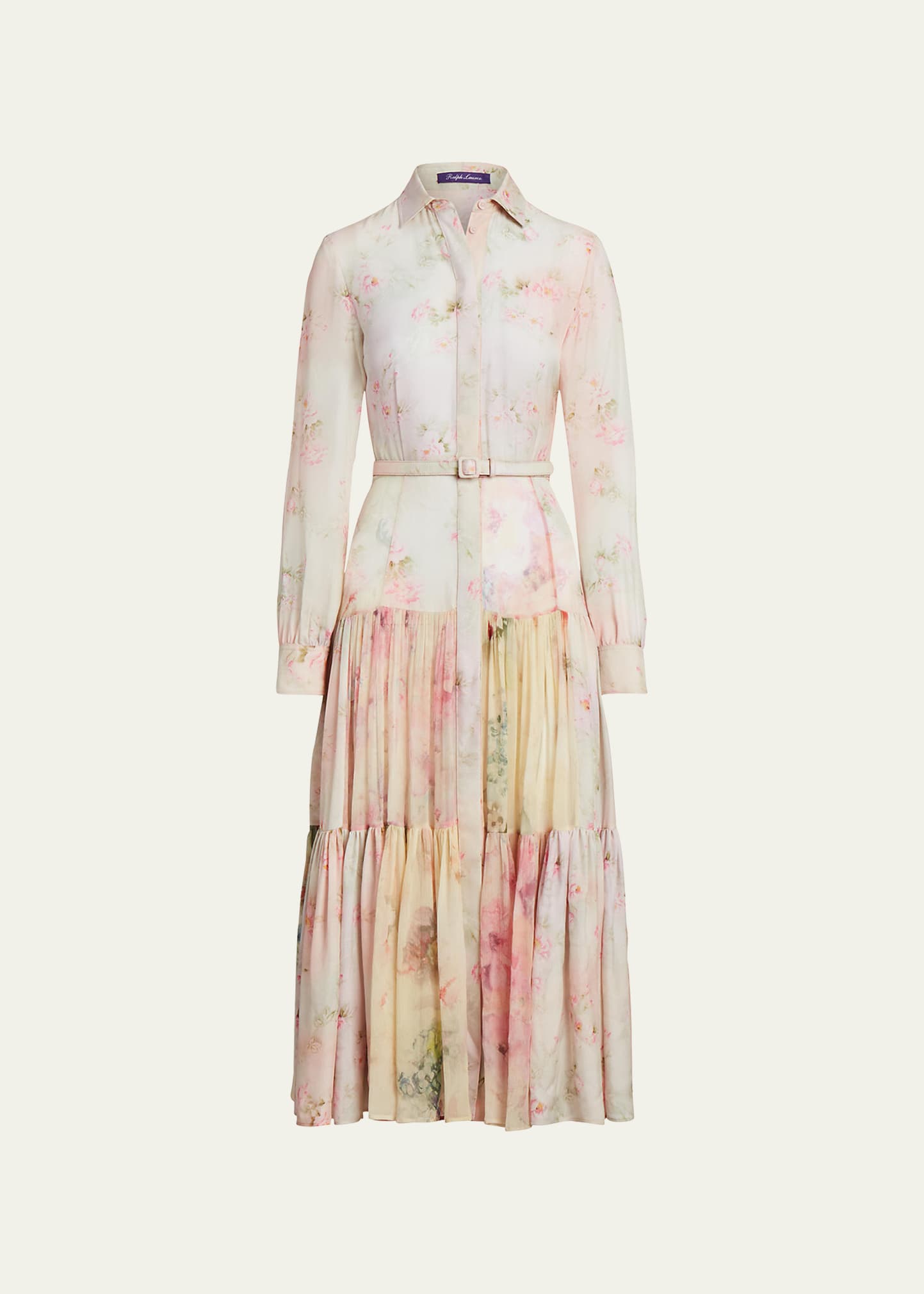 Ralph Lauren Collection Ellasandra Floral Watercolor Tiered Midi Belted Dress | Bergdorf Goodman