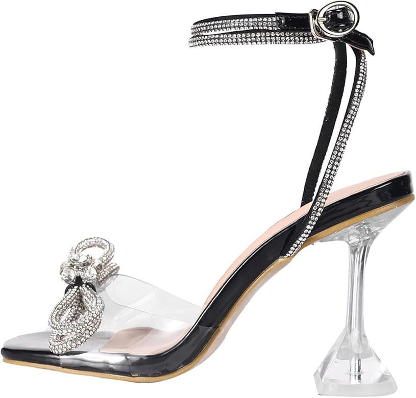 Yolkomo Women's Square Toe Clear Heels Sexy Rhinestone Bow Heels Open Toe Ankle Strap Stiletto Hi... | Amazon (US)