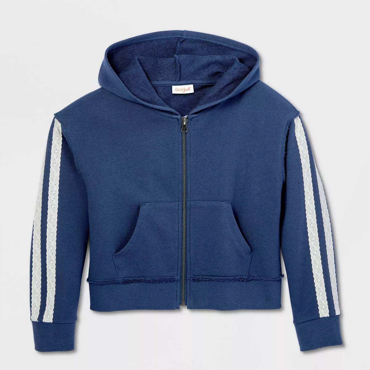 Girls' French Terry Lace Trim Hoodie Zip-Up Sweatshirt - Cat & Jack™ Blue L | Target