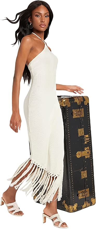 Amazon.com: Floerns Women's Asymmetrical Fringe Hem Sleeveless Party Bodycon Long Dress Beige XS ... | Amazon (US)