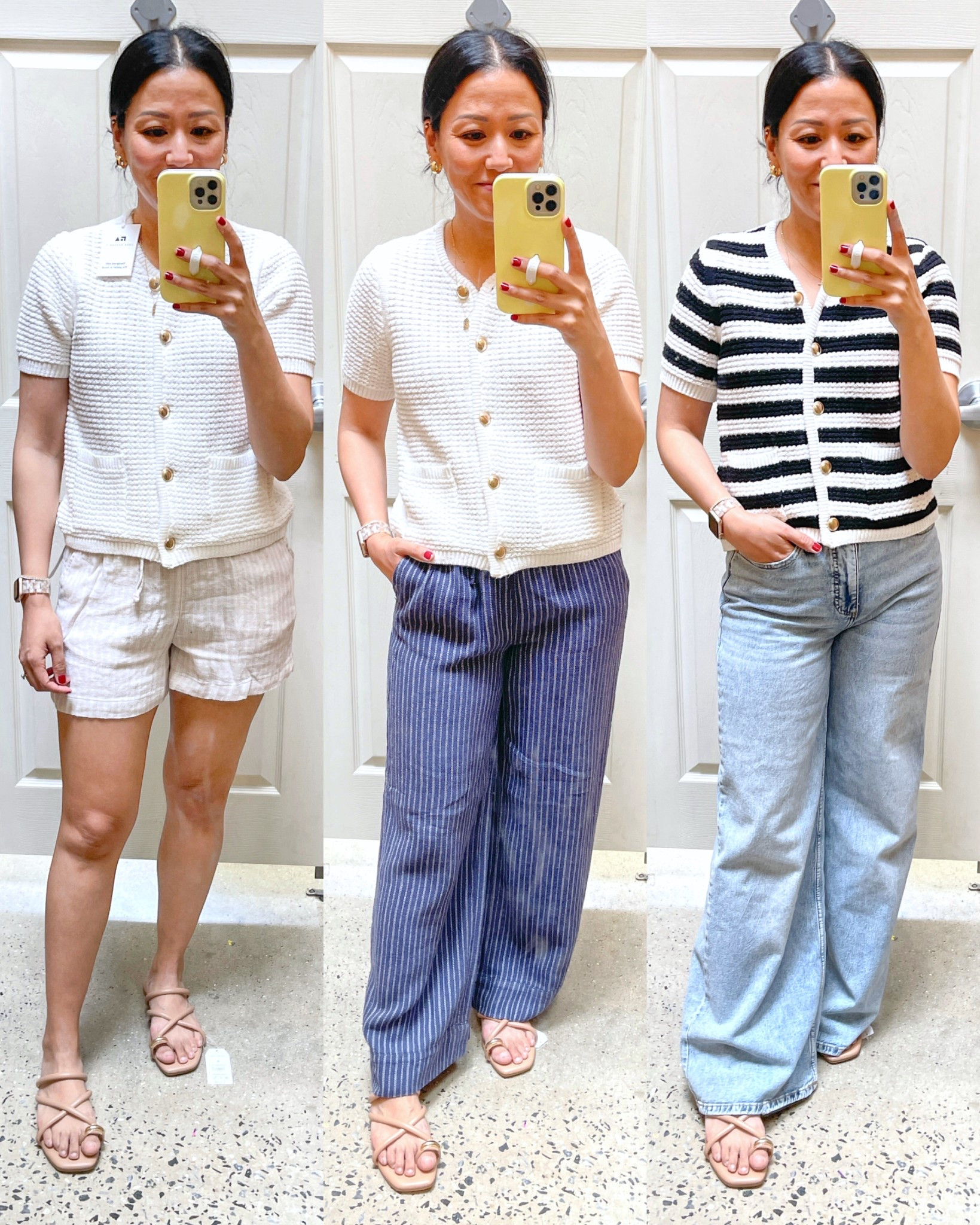 Size XS cardigan (left)
Size small cardigan (center)
Size XS striped cardigan (right)
Size XS shirts (prefer small)
Size XS pants
Size 26 jeans
Sandals are true to size

Walmart fashion
Walmart style



#LTKSaleAlert #LTKSeasonal #LTKFindsUnder50