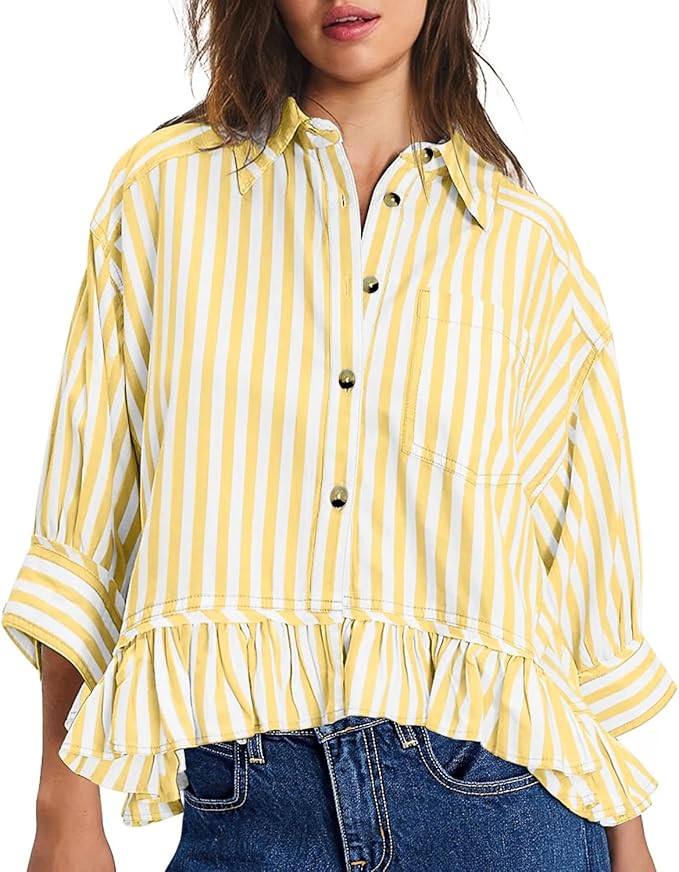 CHYRII Womens Summer Tops Dressy Casual Blouse Top Ruffled Short Sleeve Button Down Striped Shirt | Amazon (US)