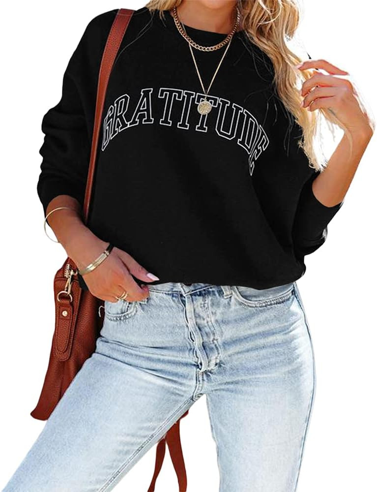 Shanfetl Women Gratitude Letter Print Long Sleeve Sweatshirt Solid Pullover Tops(S-2XL) | Amazon (US)