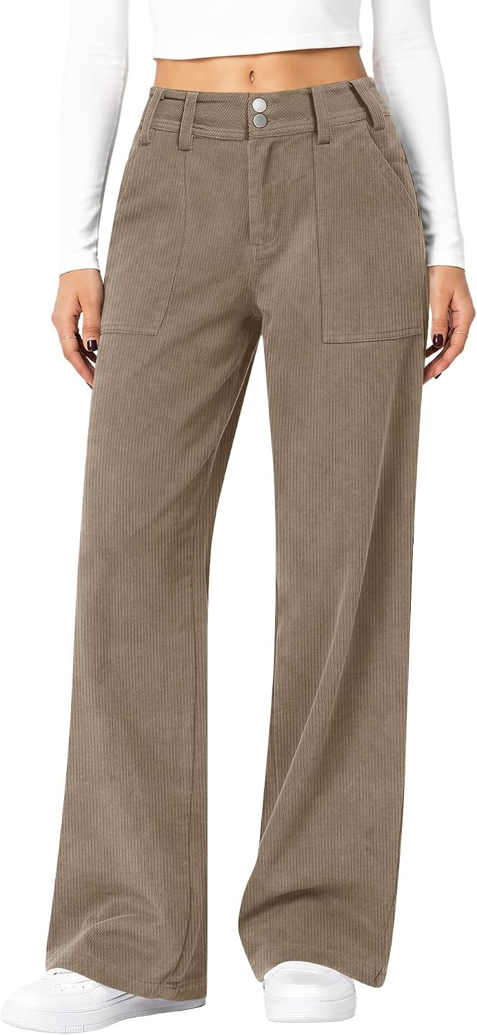 Rapbin Women's Corduroy Pants Wide Leg Mid Rise Casual Fall Winter Pants | Amazon (US)