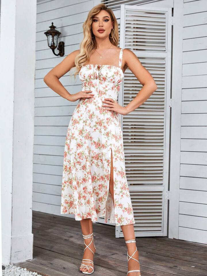 PARTHEA Floral Print Tie Front Split Thigh Cami Dress | SHEIN