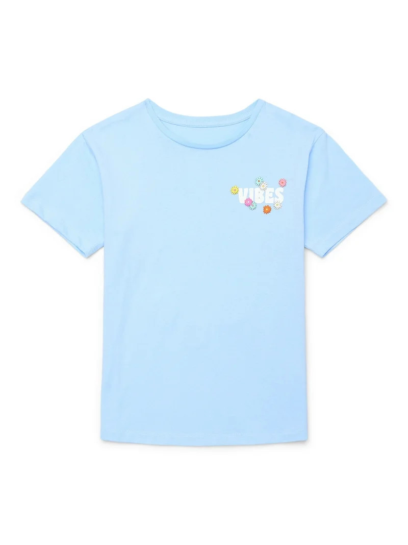 Wonder Nation Girls Vibes & Flowers Short Sleeve Graphic T-Shirt, Sizes 4-18 | Walmart (US)