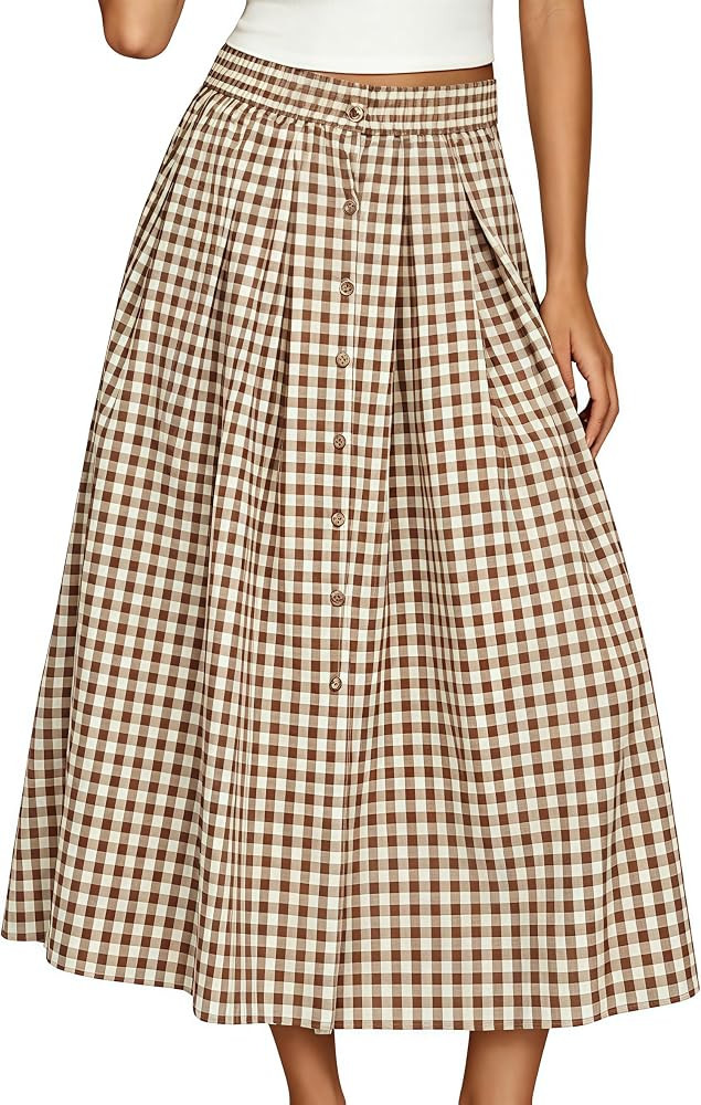Esmeling Women Gingham Button Skirt Elastic High Waist A Line Midi Skirt Casual Long Skirt with P... | Amazon (US)