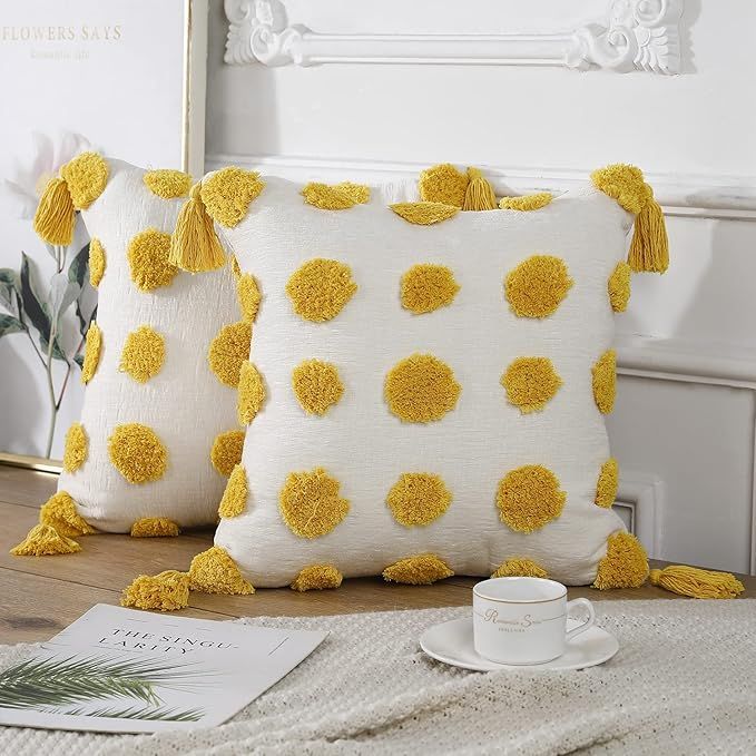 PANOD Set of 2 Super Soft Boho Decorative Plush Throw Pillow Covers 20 x 20 Yellow,Solid Pom pom ... | Amazon (CA)