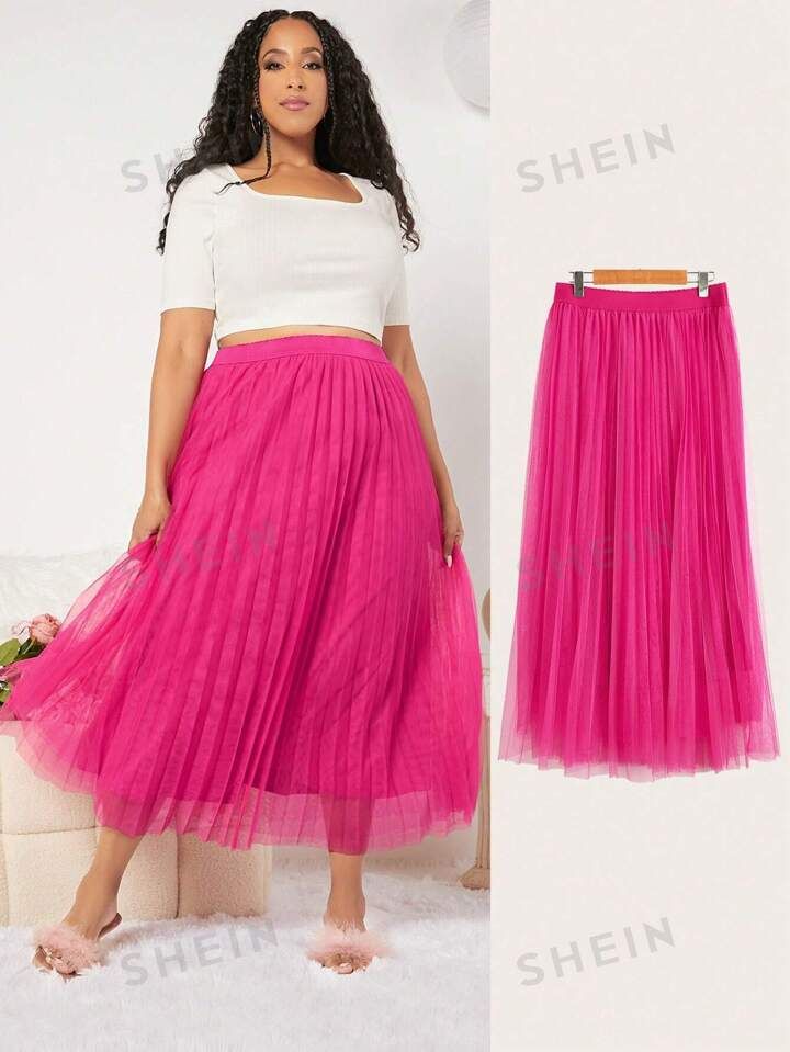 SHEIN CURVE+ Plus Size Women's Pleated Mesh Overlay Skirt | SHEIN