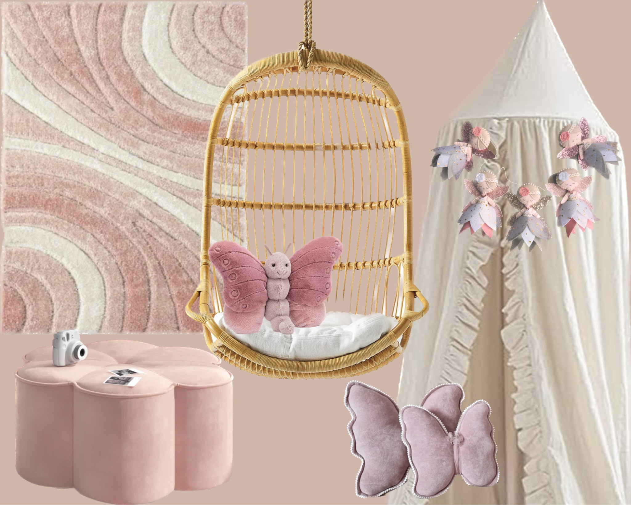 Dreamy little girls bedroom decor. 
Kids room decor. #butterflies #fairy #rug #homedecor #bedroomdecor #throwpillows #floral #rattan #rattandecor #rattanchair #canopy #hangingchair #kidsroom #girlsroom #dreamy 

#LTKFind #LTKkids #LTKhome