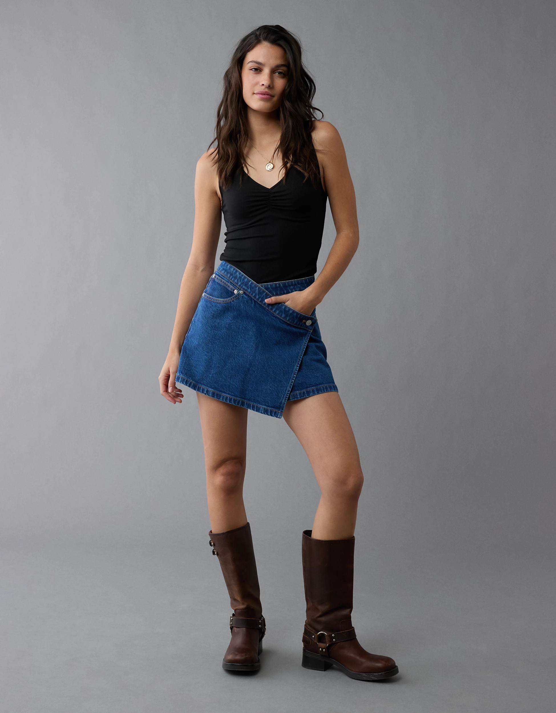 AE Stretch Crossover Denim Mini Skirt | American Eagle Outfitters (US & CA)