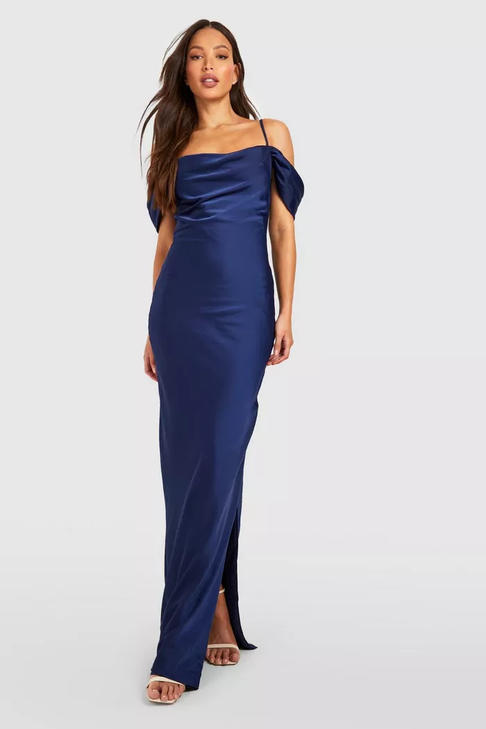 Tall Bridesmaid Satin Cold Shoulder Maxi Dress | Boohoo.com (US & CA)