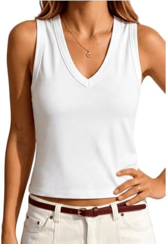 Prettywear Women's V Neck Cropped Tank Tops Cotton Blend Sleeveless T Shirt | Amazon (US)