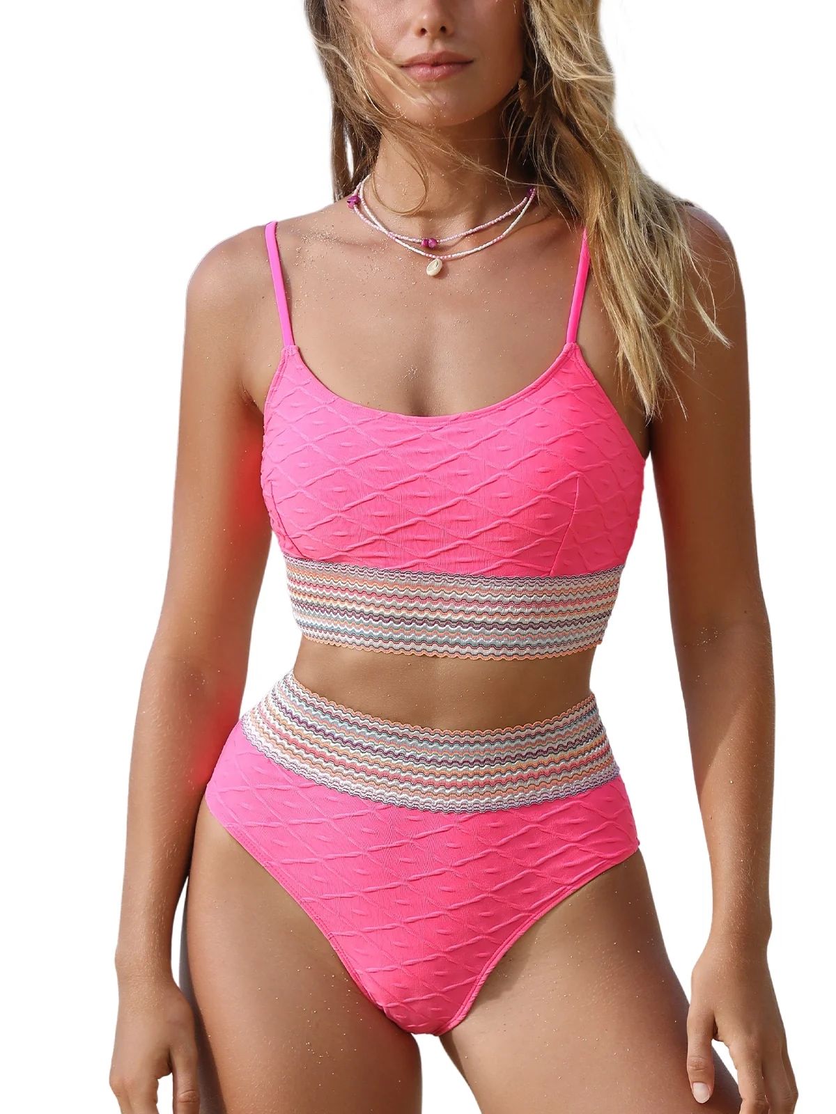 Cupshe Women's Pink Geo-Stitch Scoop Bralette & High Waist Bikini Set | Walmart (US)