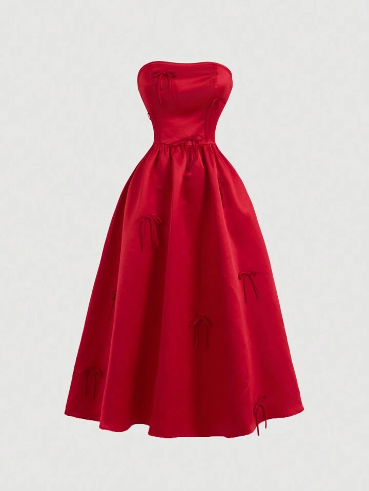 SHEIN MOD Women's Bow Knot Strapless Midi Dress In Red,Formal Dress,Prom Dress,Red Dress,Hallowee... | SHEIN