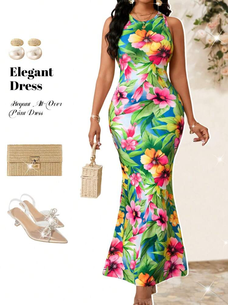 Fleurora Women's Elegant Floral Print Fishtail Hem Sleeveless Dress, Summer | SHEIN