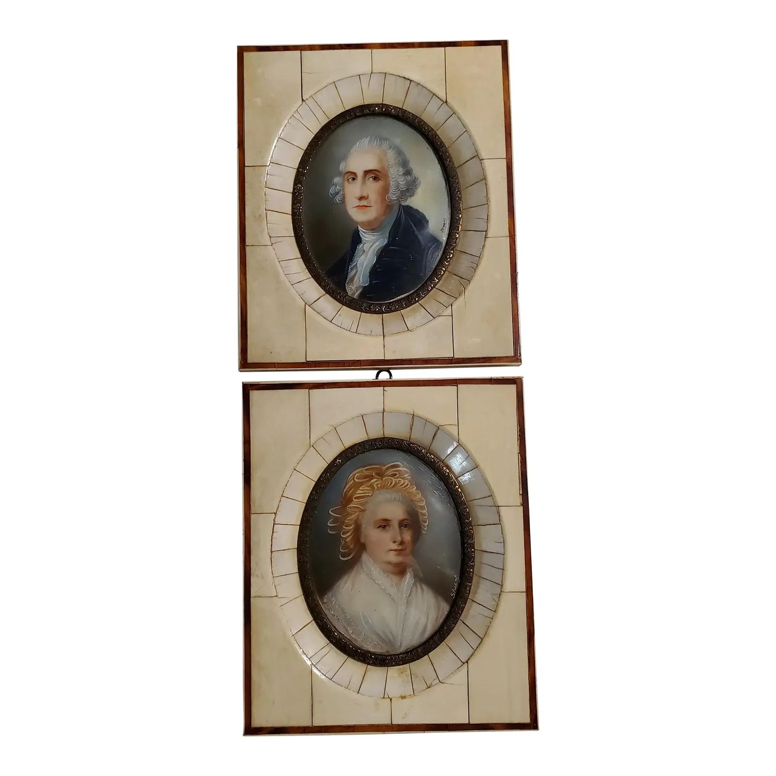 Early 19th Century Colonial Period Style Portrait Paintings of George and Martha Washington on Po... | Chairish