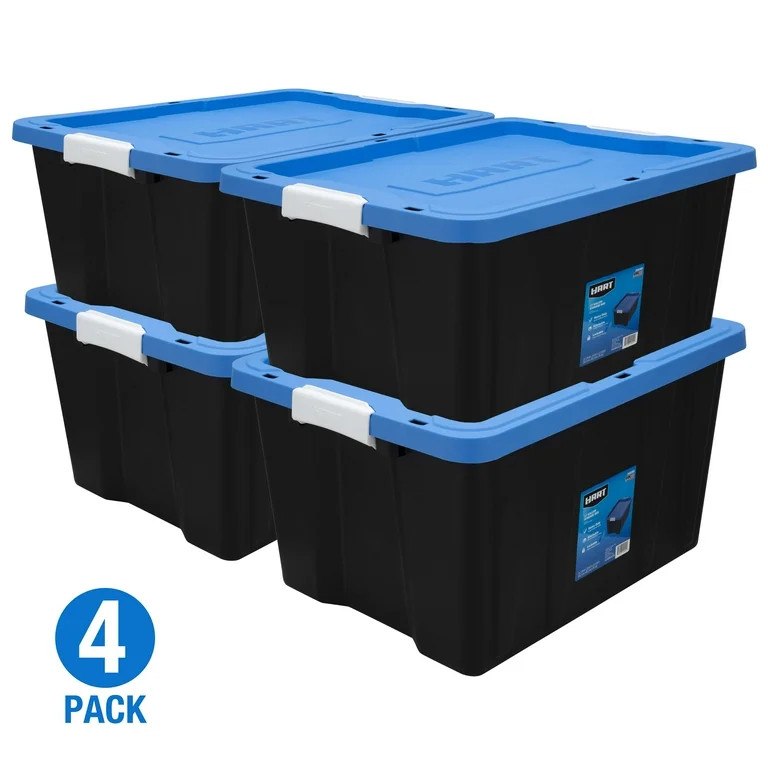 HART - 17 Gallon Heavy Duty Latching Plastic Storage Box, Black Base/Blue Lid, Set of 4 - Walmart... | Walmart (US)