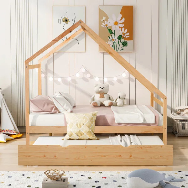 Full Size Wooden House Bed With Twin Size Trundle | Wayfair Professional