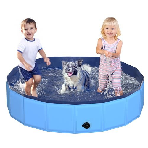 CACSPS 55.1" x 12" Foldable Dog Pool - Collapsible Hard Plastic Kiddie Pool for Dogs & Kids, Non-Slip Pet Bath Tub for Outdoor Backyard Use, Lightweight & Portable (Blue) | Amazon (US)