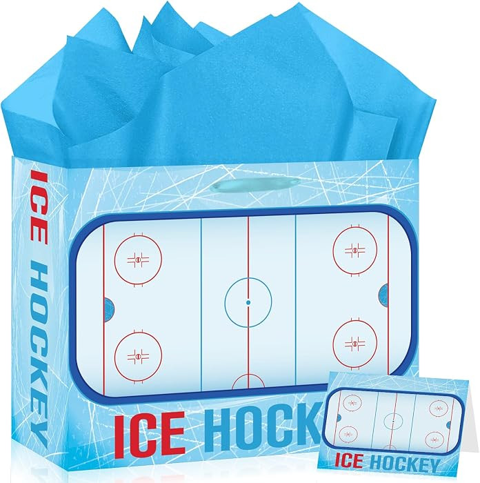 Hockey Party Gift Bag Decorations Ice Hockey Wrapping Paper Bag with Birthday Card Tissue Paper B... | Amazon (US)