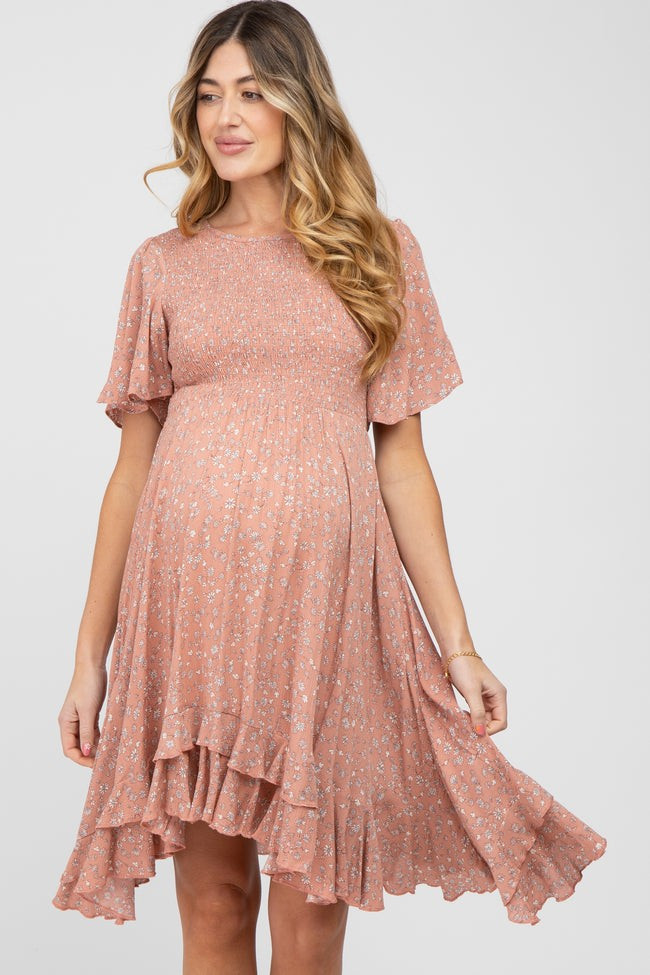 Mauve Floral Smocked Ruffle Maternity Dress | PinkBlush Maternity