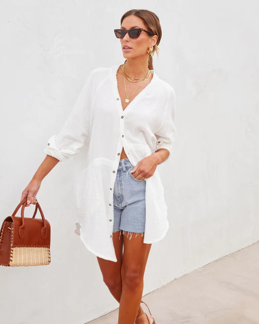 Kennedy Cotton Pocketed Button Down Tunic - White | VICI