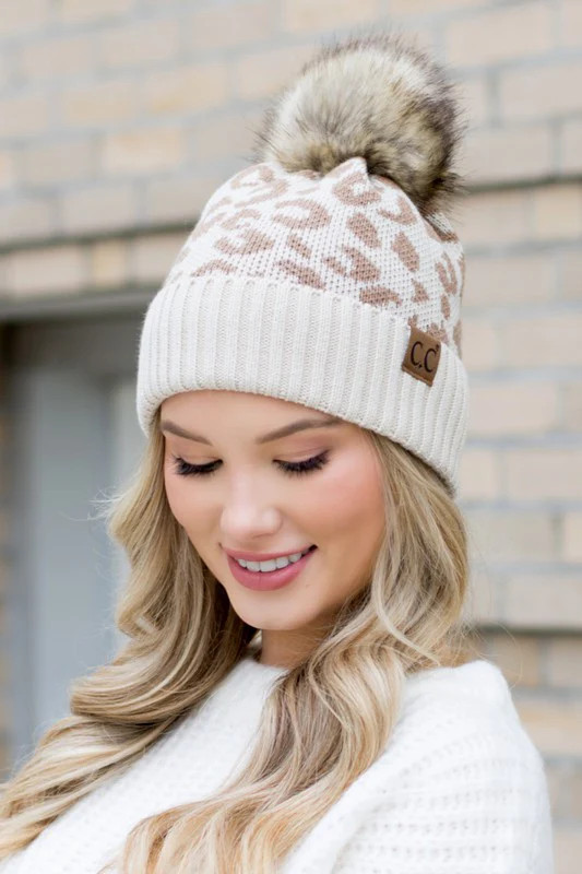 Leopard Fur Pom Beanie Beige / OneSize | Casual Chic Boutique